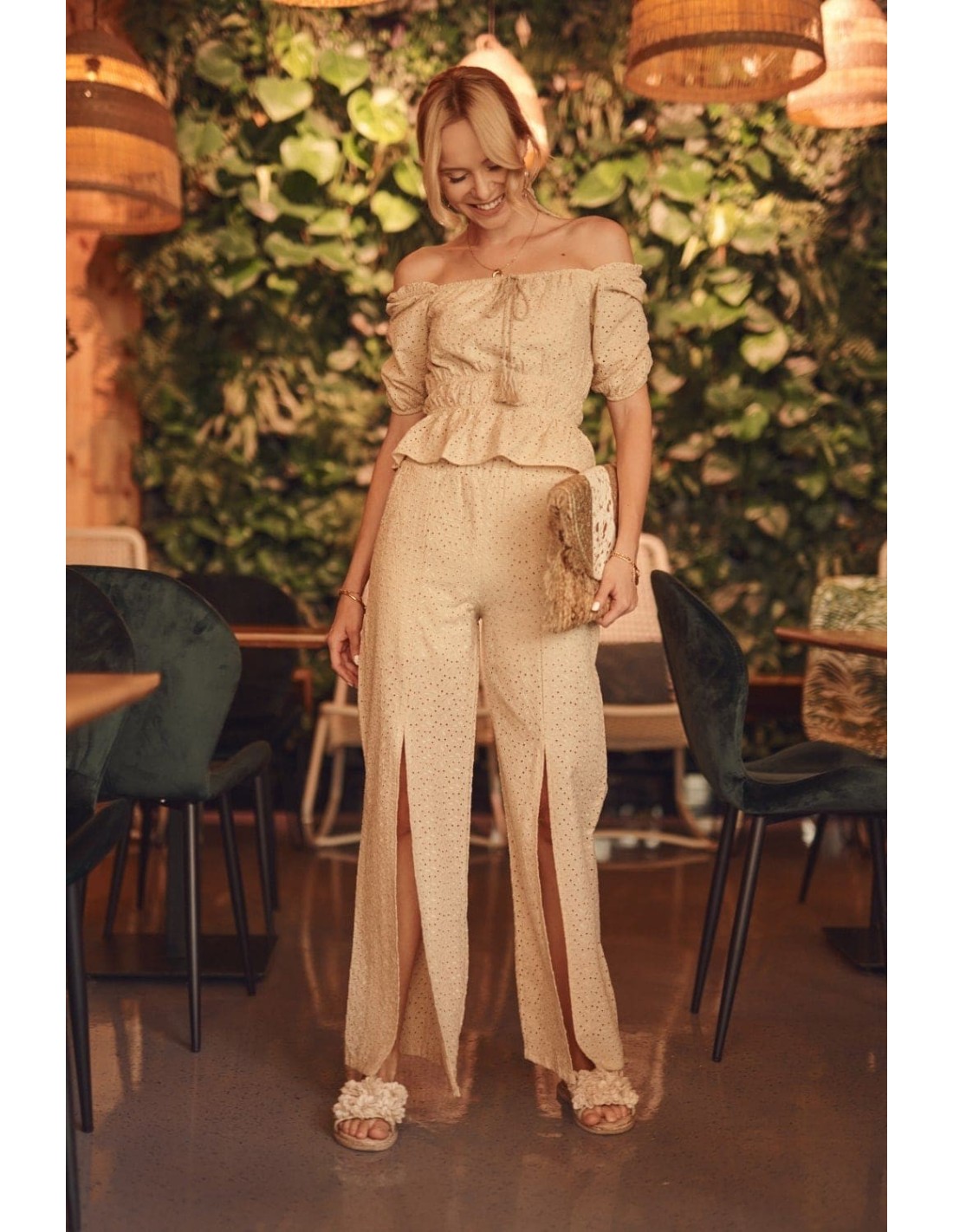 Openwork boho set, beige blouse and trousers FG595 - Online store - Boutique